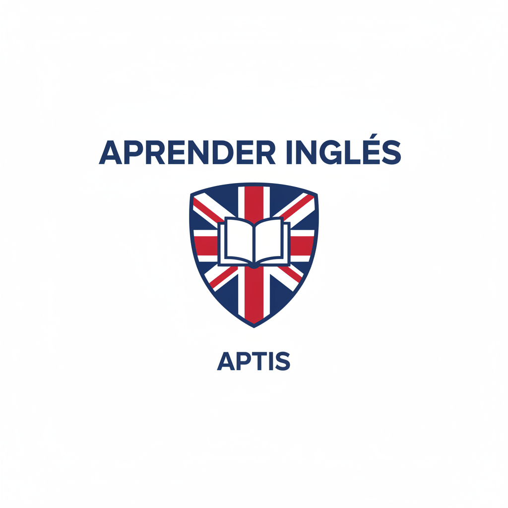 Logotipo con el texto "Aprender inglés" y "Aptis" sobre un escudo con la bandera del Reino Unido y un libro abierto.